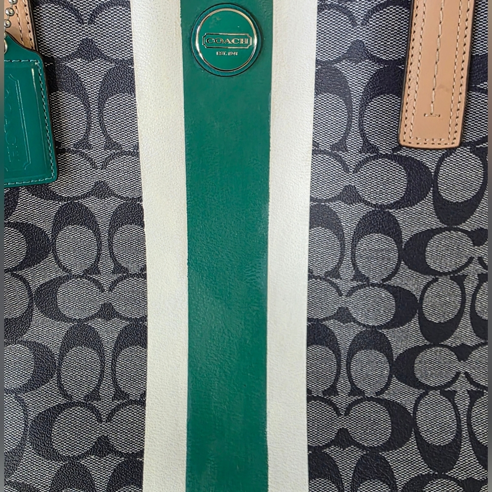 Coach Signature Stripe Large Carryall Tote-Navy Denim Look, Jade Green Stripe - Picture 3 of 16